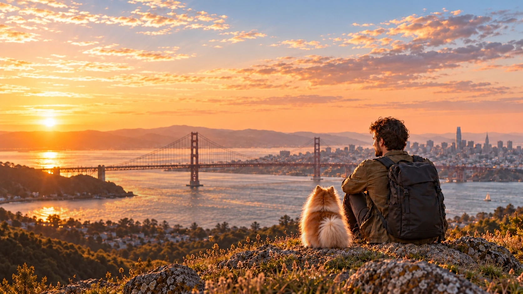A person and their dog watching the sunset across the bay