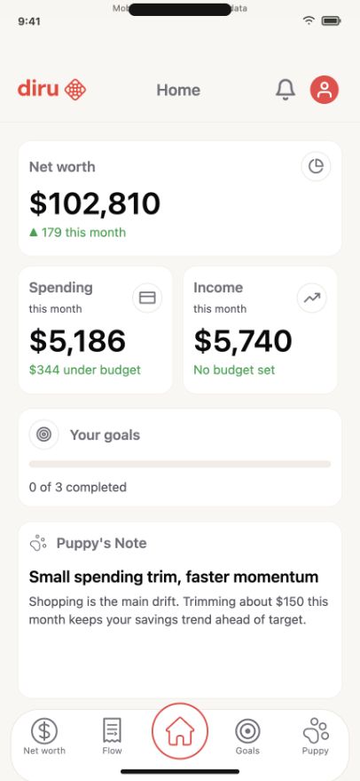 diru Home on iPhone · Sample data